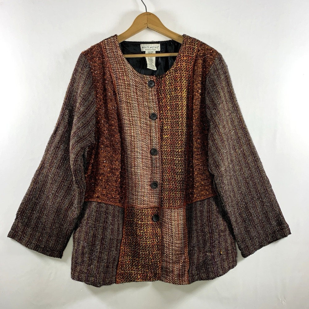VTG Womens Artsy Patchwork Textured Blazer Jacket Size 16W Boho Eclectic Earthy